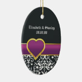 Zwart wit damast paarse hart Save the Date Keramisch Ornament (Rechts)