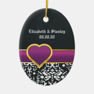 Zwart wit damast paarse hart Save the Date Keramisch Ornament