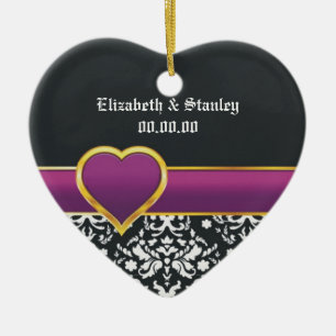 Zwart wit damast paarse hart Save the Date Keramisch Ornament