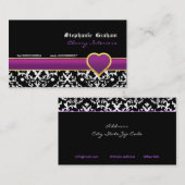 Zwart wit damast paarse hart visitekaartje (Voorkant / Achterkant)