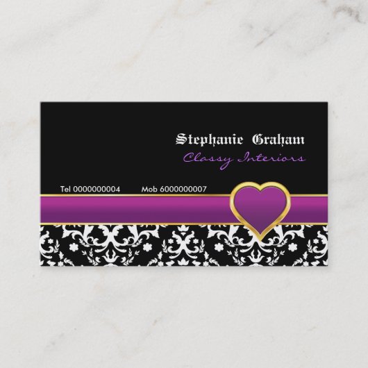 Zwart wit damast paarse hart visitekaartje (Voorkant)