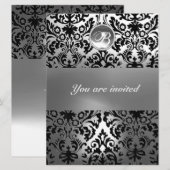 ZWART WIT DAMAST PATROON EDELGESTEENTE MONOGRAM KAART (Voorkant / Achterkant)