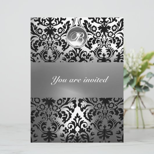 ZWART WIT DAMAST PATROON EDELSTEEN MONOGRAM KAART (Staand voorkant)