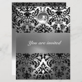 ZWART WIT DAMAST PATROON EDELSTEEN MONOGRAM KAART (Voorkant / Achterkant)