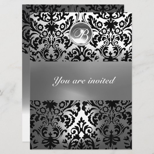 ZWART WIT DAMAST PATROON EDELSTEEN MONOGRAM KAART (Voorkant / Achterkant)