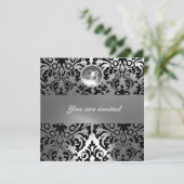 ZWART WIT DAMAST PATROON EDELSTEEN MONOGRAM KAART (Staand voorkant)