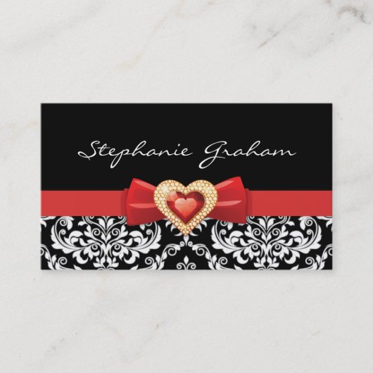 Zwart wit damast patroon met rode boog en juweel visitekaartje (Voorkant)