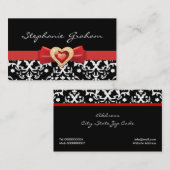 Zwart wit damast patroon met rode boog en juweel visitekaartje (Voorkant / Achterkant)