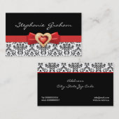Zwart wit damast patroon met rode boog en juweel visitekaartje (Voorkant / Achterkant)