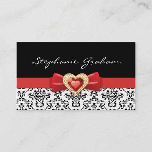 Zwart wit damast patroon met rode boog en juweel visitekaartje (Voorkant)