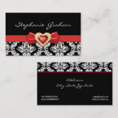 Zwart wit damast patroon met rode boog en juweel visitekaartje (Voorkant / Achterkant)