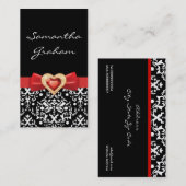 Zwart wit damast patroon met rode boog en juweel visitekaartje (Voorkant / Achterkant)