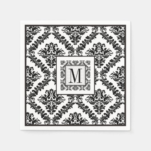 Zwart, wit damast patroon monogram bruiloft servet (Voorkant)