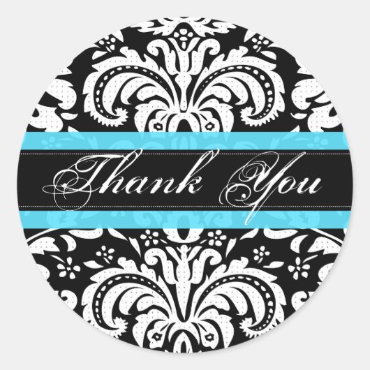 Zwart-wit  damast Patroon-Monogram Ronde Sticker (Voorkant)