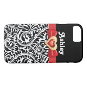 Zwart wit damast patroon & rode strik en juweel Case-Mate iPhone case (Achterkant (Horizontaal))