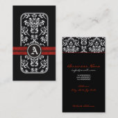 Zwart wit damast rode band monogram visitekaartje (Voorkant / Achterkant)
