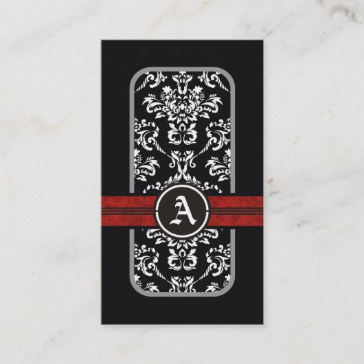 Zwart wit damast rode band monogram visitekaartje (Voorkant)