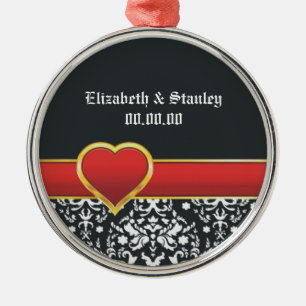 Zwart wit damast rode hart trouwdag Save the Date Metalen Ornament