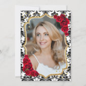 Zwart Wit Damast Rode Rozen Foto 50e Verjaardag Kaart (Achterkant)