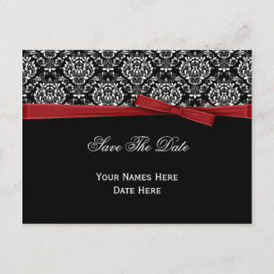 Zwart Wit Damast Rode Strik Lint Save The Date Aankondigingskaart