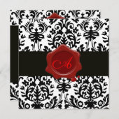 ZWART & WIT DAMAST, RODE WAX ZEGEL MONOGRAM Ice Kaart (Voorkant / Achterkant)