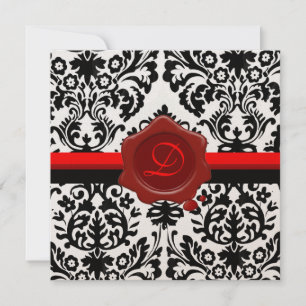 ZWART & WIT DAMAST, RODE WAX ZEGEL MONOGRAM KAART