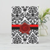 ZWART & WIT DAMAST, RODE WAX ZEGEL MONOGRAM KAART (Staand voorkant)