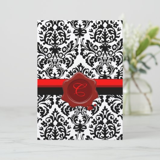 ZWART & WIT DAMAST, RODE WAX ZEGEL MONOGRAM KAART (Staand voorkant)