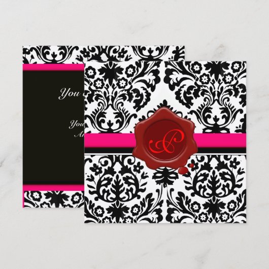 ZWART & WIT DAMAST, RODE WAX ZEGEL MONOGRAM KAART (Voorkant / Achterkant)