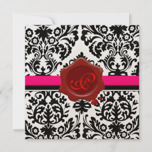 ZWART & WIT DAMAST, RODE WAX ZEGEL MONOGRAM KAART