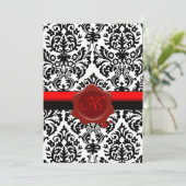ZWART & WIT DAMAST, RODE WAX ZEGEL MONOGRAM KAART (Staand voorkant)
