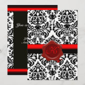 ZWART & WIT DAMAST, RODE WAX ZEGEL MONOGRAM KAART (Voorkant / Achterkant)