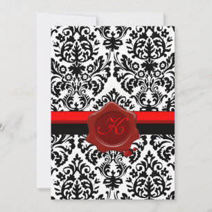 ZWART & WIT DAMAST, RODE WAX ZEGEL MONOGRAM KAART