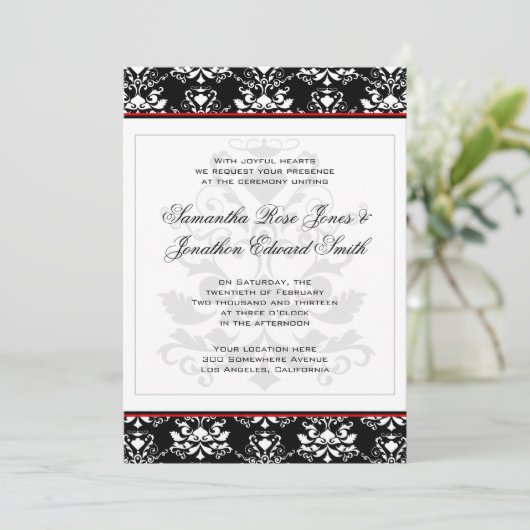 Zwart & Wit Damast Rood Accent Bruiloft Uitnodigin Kaart (Staand voorkant)