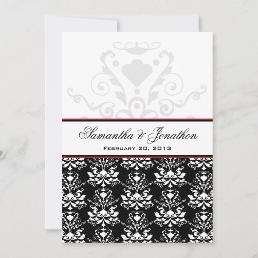 Zwart & Wit Damast Rood Accent Bruiloft Uitnodigin Kaart (Achterkant)