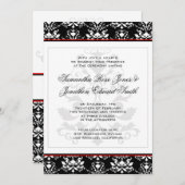 Zwart & Wit Damast Rood Accent Bruiloft Uitnodigin Kaart (Voorkant / Achterkant)