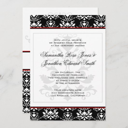 Zwart & Wit Damast Rood Accent Bruiloft Uitnodigin Kaart (Voorkant / Achterkant)