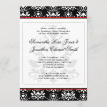 Zwart & Wit Damast Rood Accent Bruiloft Uitnodigin