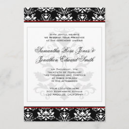 Zwart & Wit Damast Rood Accent Bruiloft Uitnodigin Kaart