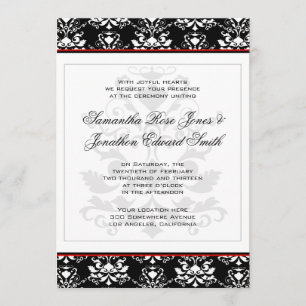Zwart & Wit Damast Rood Accent Bruiloft Uitnodigin Kaart