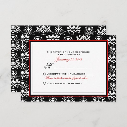 Zwart & Wit Damast Rood Accent RSVP Aangepast (Voorkant / Achterkant)