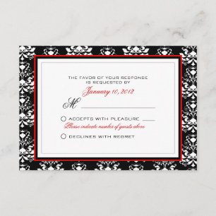 Zwart & Wit Damast Rood Accent RSVP Aangepast Kaartje
