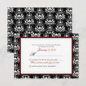 Zwart & Wit Damast Rood Accent RSVP Aangepast Kaartje (Voorkant / Achterkant)