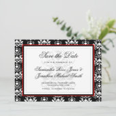 Zwart & Wit Damast Rood Accent Save the Date (Staand voorkant)