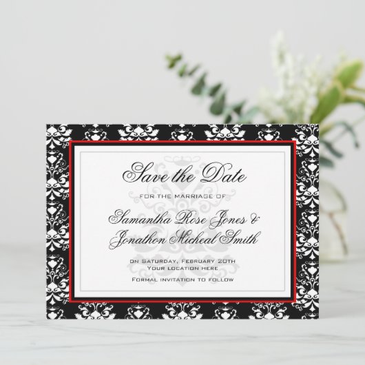 Zwart & Wit Damast Rood Accent Save the Date (Staand voorkant)