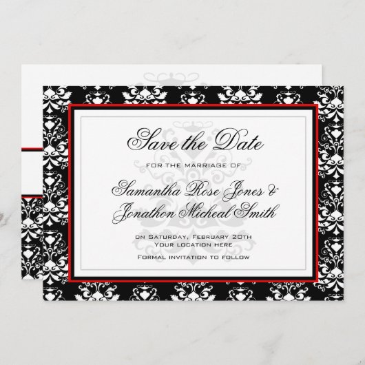 Zwart & Wit Damast Rood Accent Save the Date (Voorkant / Achterkant)