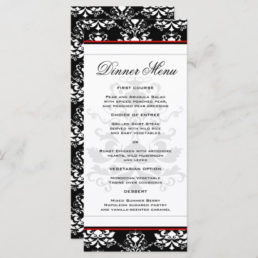 Zwart & Wit Damast Rood Accent Slim Dinner Menu (Voorkant / Achterkant)