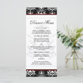 Zwart & Wit Damast Rood Accent Slim Dinner Menu (Staand voorkant)