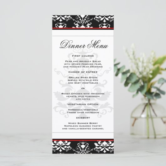 Zwart & Wit Damast Rood Accent Slim Dinner Menu (Staand voorkant)