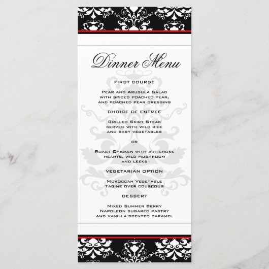 Zwart & Wit Damast Rood Accent Slim Dinner Menu (Voorkant)